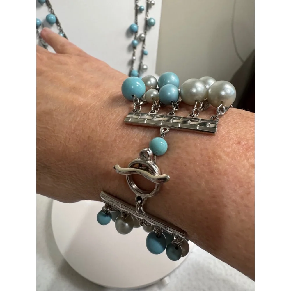 Unbranded antique 6” Necklace & 7” Bracelet Set Blue Silver beads silver links